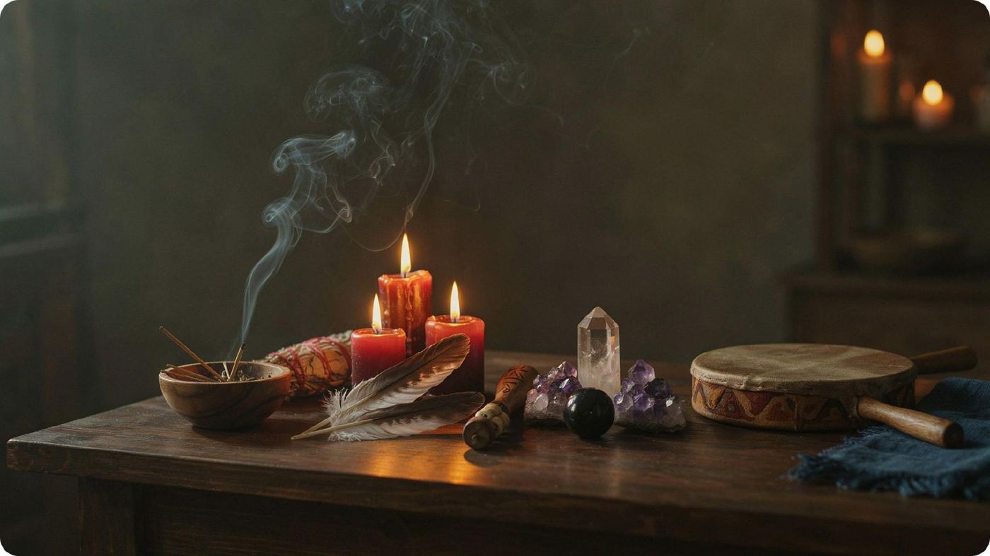Mesa de madeira com velas acesas, fumaça de defumação e objetos rituais
