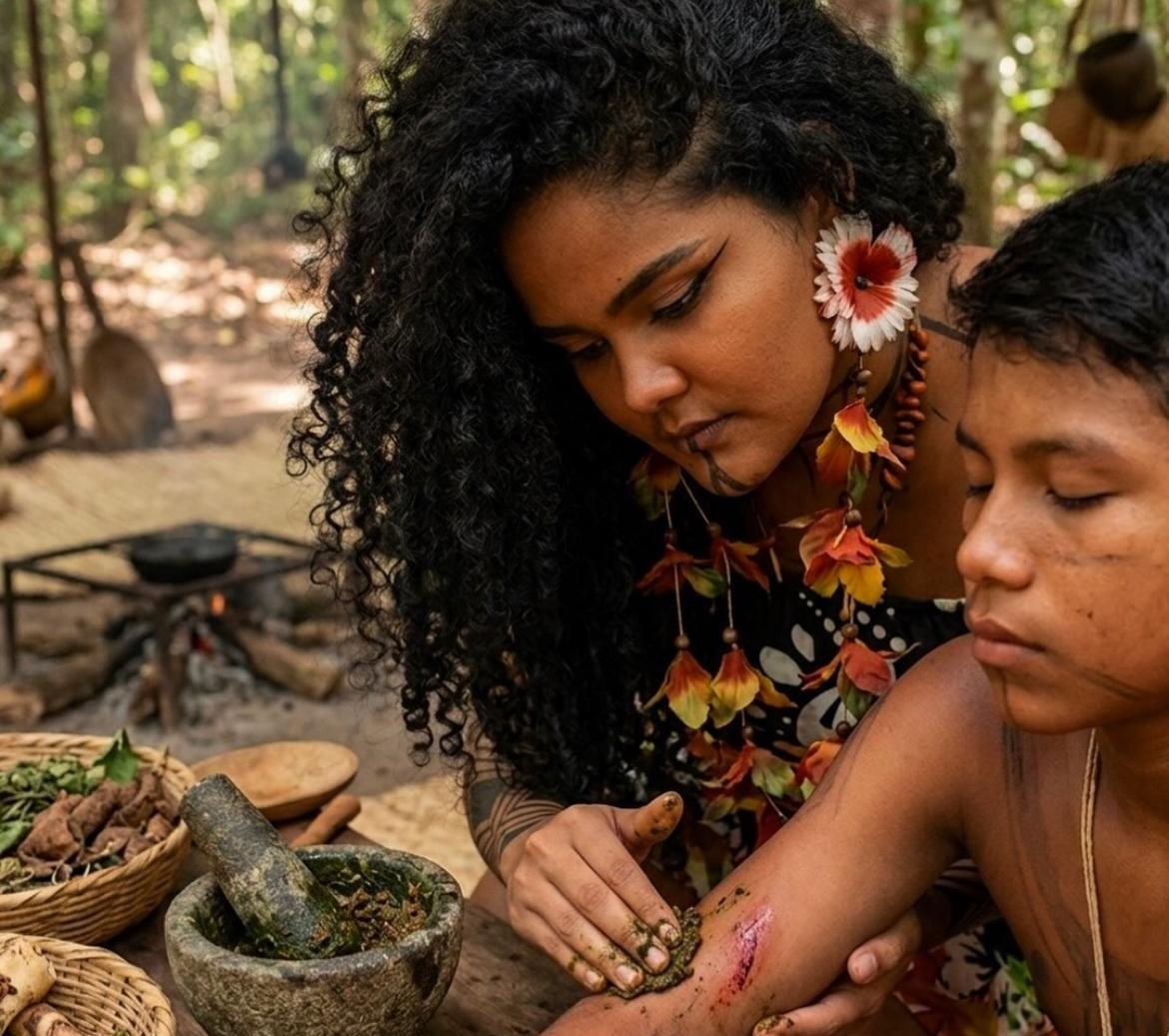A-yá aplicando um emplasto de ervas no ferimento do braço de um jovem, com pilão de pedra e cestos de raízes e folhas na mesa