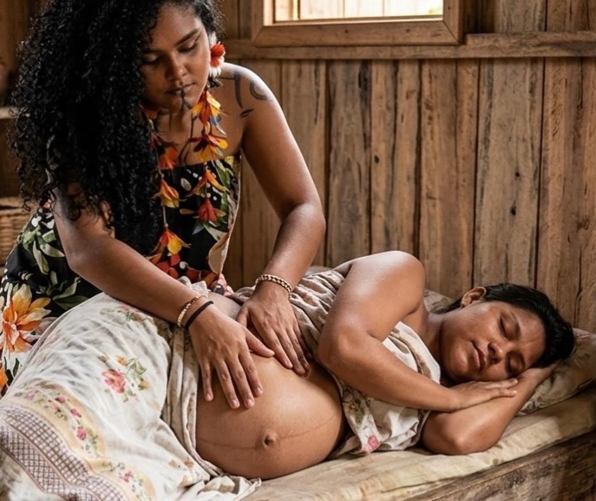 Parteira massageando a barriga de uma gestante deitada